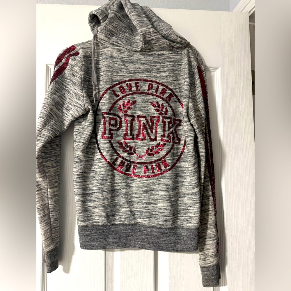 PINK by Victoria’s Secret Full Zip Hoodie in Grey with Red Sequins